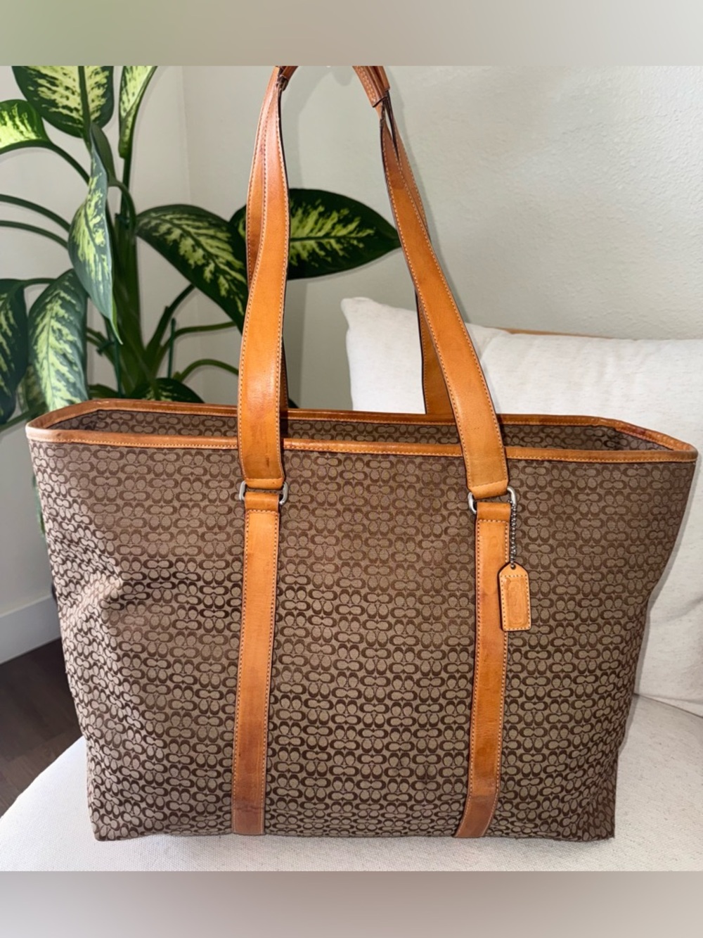 Coach F77012 VTG XL Tan Signature Canvas Vachetta Leather Travel Weekender Tote